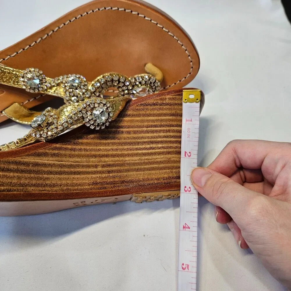 Mystique Womens Leather Crystal Sequin Jewel Wedge Thong Sandals 7 Embellished